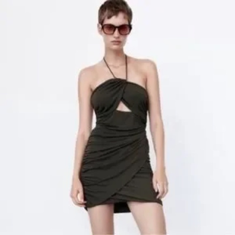 NWOT Zara Ruched Halter Mini Dress Black Size Small